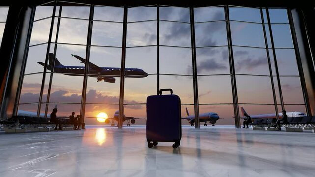 Traveler suitcases in airport terminal waiting area. Summer vacation concept. Suitcases in airport departure lounge, airplane in background. ULTRA HD.