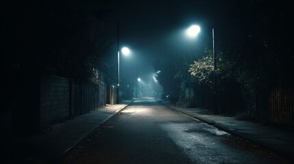 The street is empty, with dim lighting and shadows that create an unsettling atmosphere, enhancing the feeling of something lurking in the darkness.