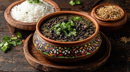 Aromatic black lentil stew served with rice and sesame seeds