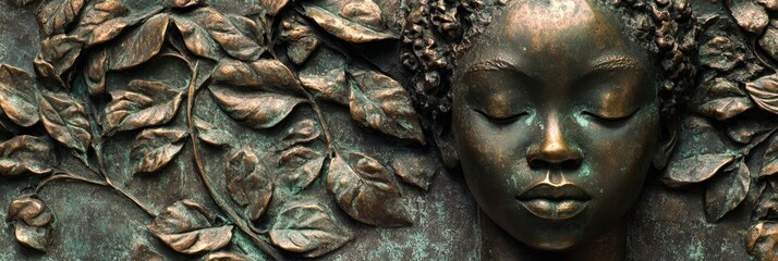 Bronze sculpture of a face surrounded by leaves eyes closed serene expression.