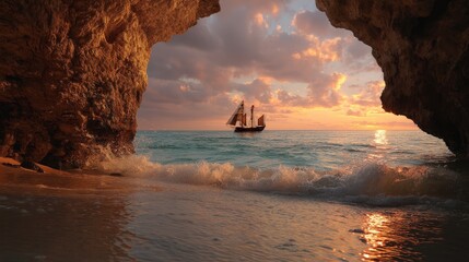 A majestic sailing ship, majestically navigating through the waves of an enchanting ocean at sunset. A cave entrance on the beach