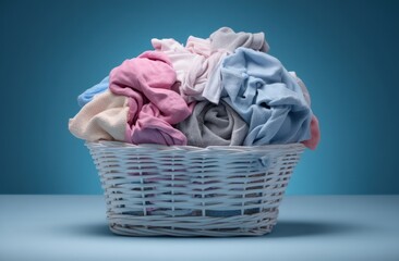 Obraz premium Laundry basket filled with colorful clothes against a blue background.