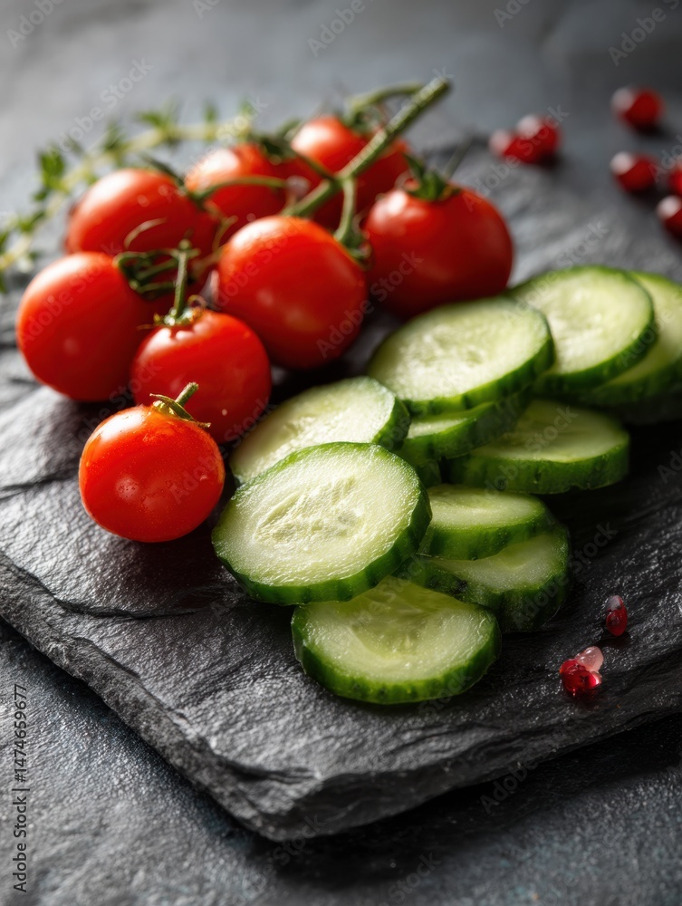 Aufkleber Freshly Sliced Cucumbers and Vibrant Cherry Tomatoes Arranged on a Dark Slate Surface, Perfect for a Summer Salad or Healthy Snack Preparation