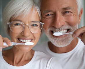 an elderly couple brushing their teeth together, both smiling and wearing white t-shirts with visible dental floss designs on the front