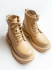 Pair of stylish beige lace-up ankle boots with chunky soles on white background.