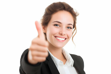 Smiling business woman giving a thumbs up gesture.