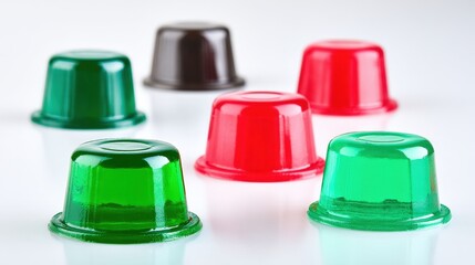 Colorful jelly cups in red, green, and black arranged on a reflective surface