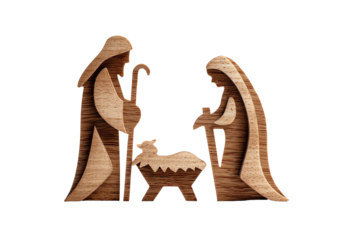 Wooden nativity scene figurines isolated on white background.