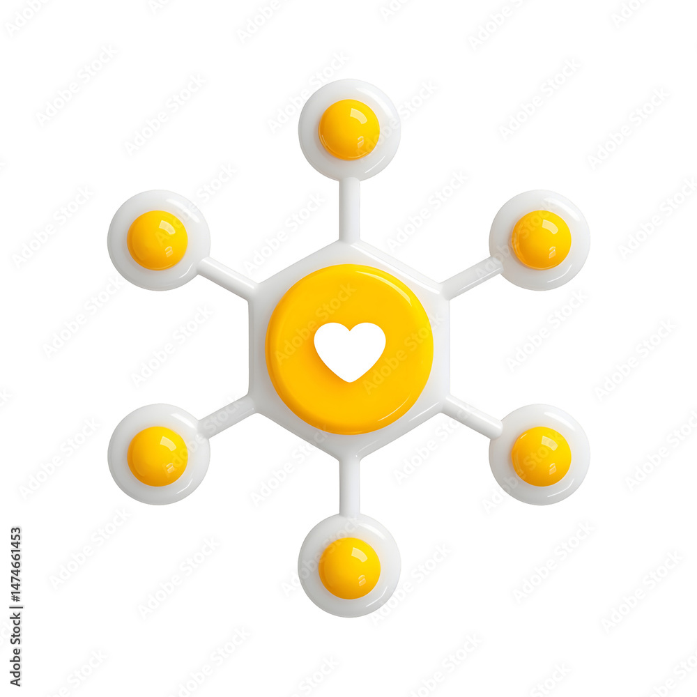 Aufkleber A minimalist and abstract 3D icon design featuring a central glowing yellow heart shape surrounded by a hexagonal web of white circular bubbles representing the linkage of health and wellbeing