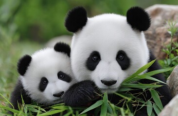 Naklejka premium two pandas eating bamboo on the grass, with one panda sitting and holding onto another's leg as it stands up to eat leaves from the high branches.