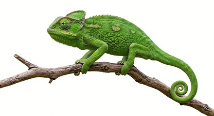 A vibrant green chameleon perched on a branch, showcasing its unique textures and spiral tail against a clean white backdrop.