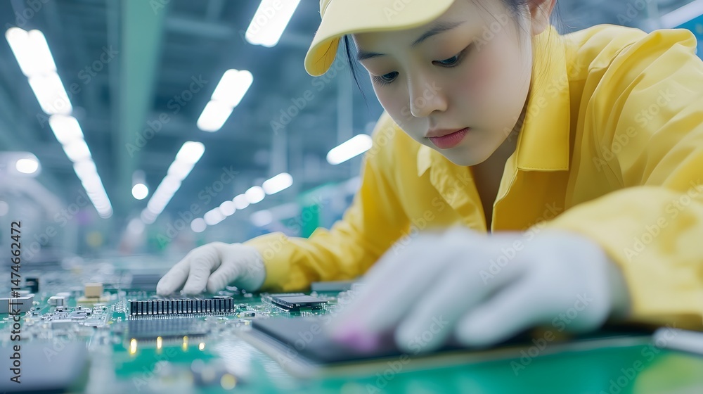 Poster worker inspecting circuit boards in an electronics factory