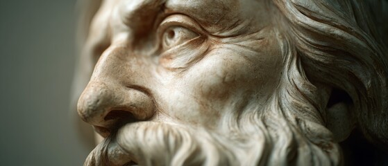 A close-up marble sculpture reveals intricate details of a wise, aged face with deep-set eyes and flowing hair.