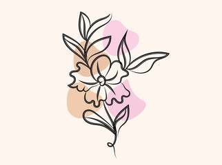 Elegant Line Art Flower with Abstract Shapes Pastel Background Botanical Illustration