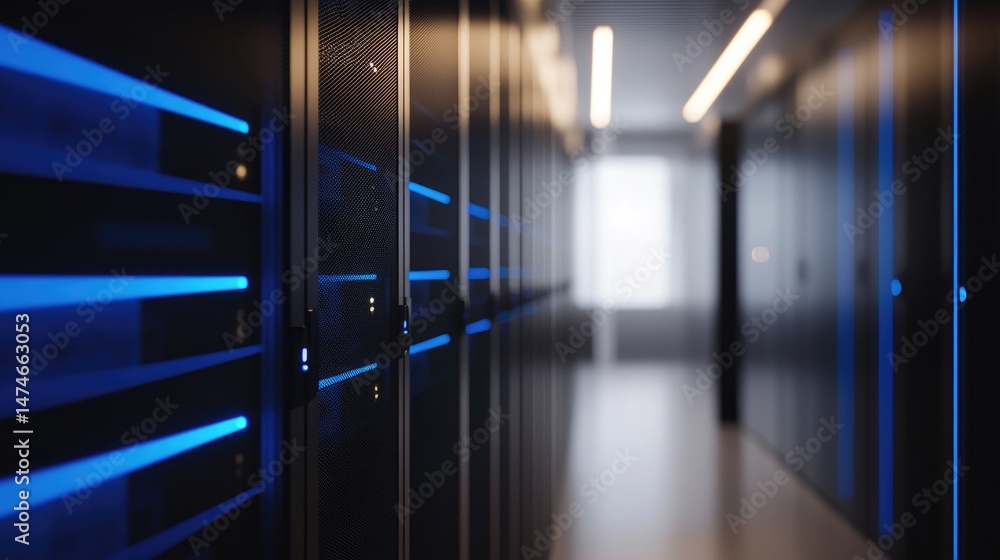 Poster Minimalist futuristic data center with glowing blue racks extending into the distance under warm light accents, excellent for themes around AI, hosting and networks