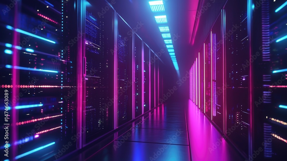 Aufkleber high-tech illuminated hallway in a colorful futuristic server room with bright purple, pink, and cya