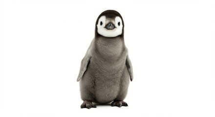 A young penguin chick stands on a white background looking directly at the viewer with soft, gray feathers and fluffy, white patches.