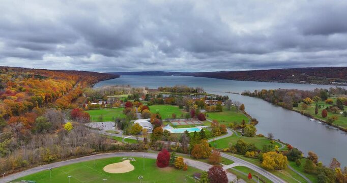 Ithaca, New York, USA - October 24, 2024: Afternoon aerial fall video of the area surrounding the City of Ithaca, NY,.