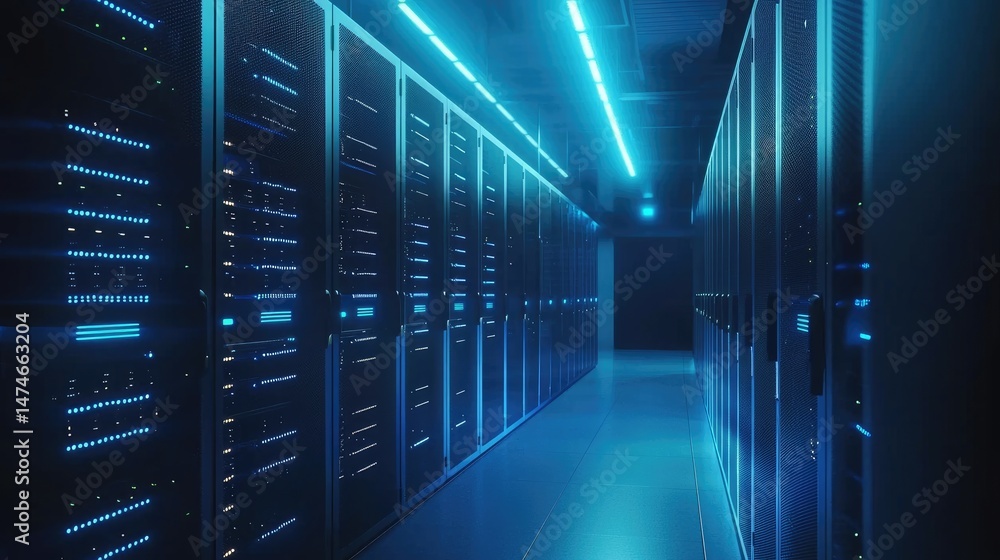 Poster advanced server infrastructure with cool-toned neon lighting illuminating multiple network cabinets 