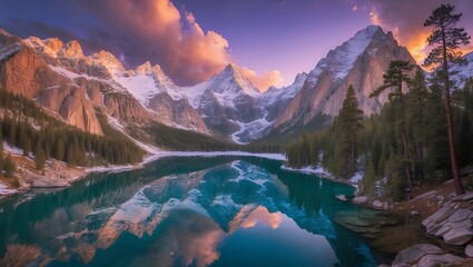 Fototapeta premium Lake Reflection of Snow Covered Mountains and Sunset Sky Landscape