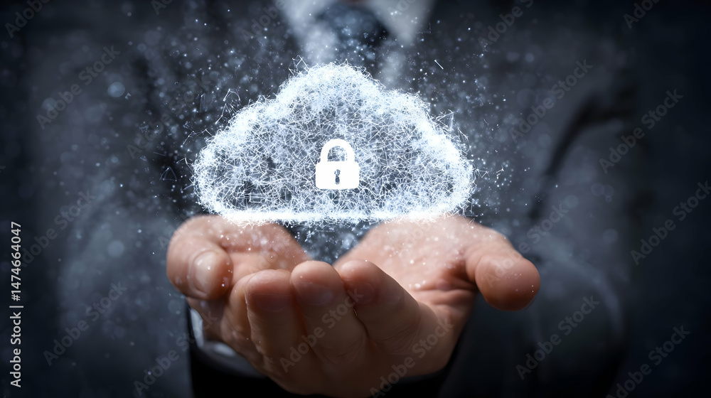 Poster secure cloud data held in protective hands.