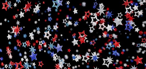 Red, white, and blue stars burst across a black background. Perfect for Independence Day!