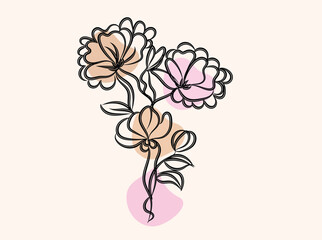 Elegant Line Art Floral Bouquet with Abstract Shapes in Pastel Colors