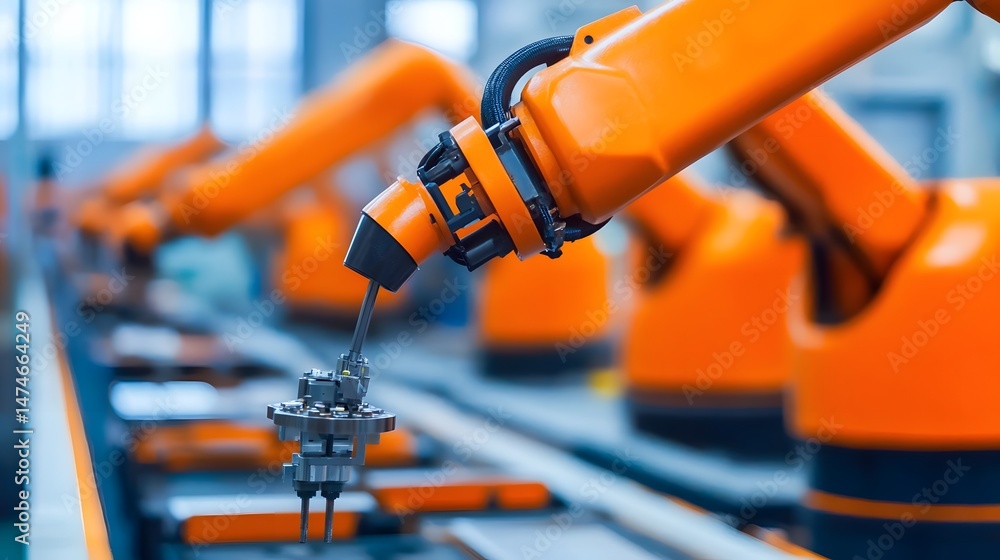 Poster robot arms assembling precision parts on an industrial assembly line