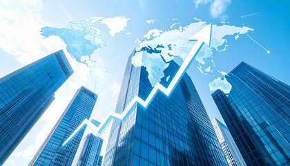 Abstract upward arrow chart with world map and city buildings in background