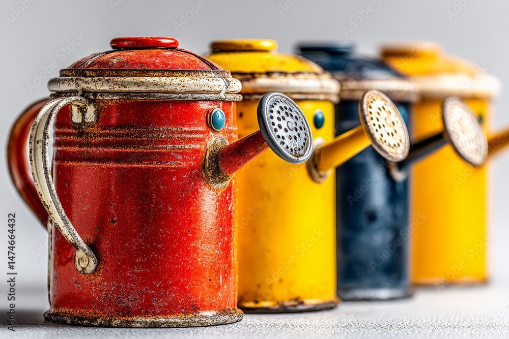 Poster colorful vintage watering cans arranged in a row on a neutral background showcasing rustic charm and