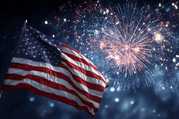 Patriotic holiday. The USA are celebrating 4th of July. American flag on background of fireworks.