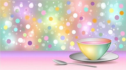Colorful Tea Cup on Table with Abstract Background of Pastel Dots and Bokeh Effects