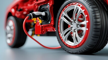 Fototapeta premium The mechanism that works when charging electric vehicles, with a focus on cable details. 