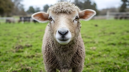 Obraz premium Close-up portrait of a sheep in a grassy field.