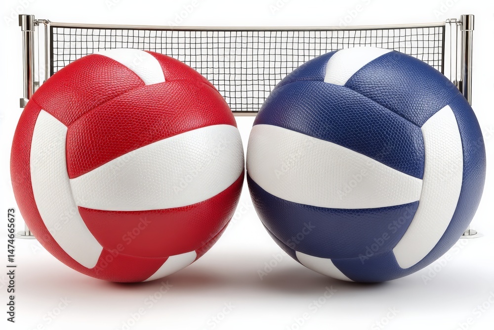 Poster two colorful volleyballs placed on a smooth surface in front of a sports net in a recreational setti