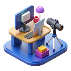 A modern desk setup with a computer, laptop, lamp, and telescope arranged neatly on a platform.