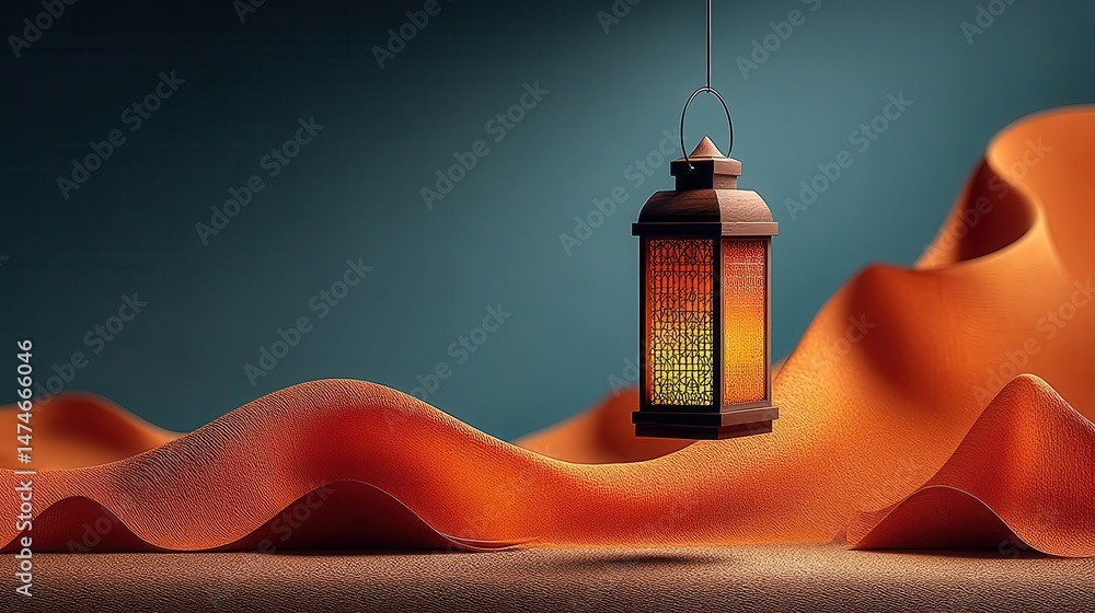 Poster ramadan kareem background with lantern in desert empty space for text generative ai.stock image