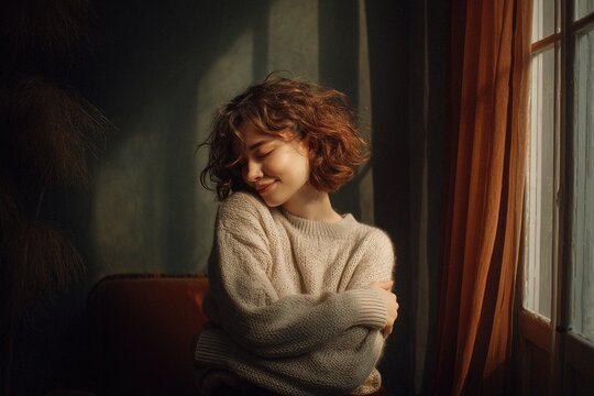 a young woman sitting alone in a cozy room with soft morning light, eyes closed, hugging herself gently, feeling safe and calm, concept of mental health and self-love, natural warm tones