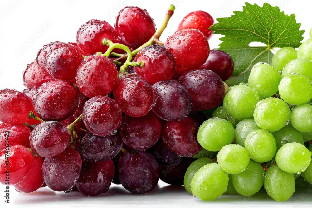 Poster fresh red and green grapes displayed together with water droplets on a white background