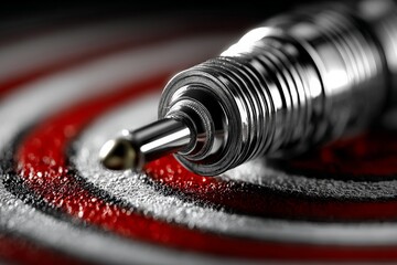 Close-up of a silver pencil tip resting on a red and white target pattern highlighting precision and focus