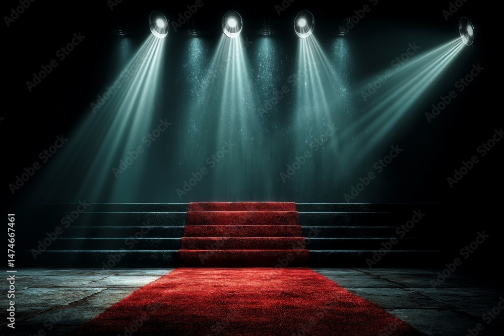 Poster elegant red carpet stage illuminated by dramatic spotlight beams in a dark setting during a glamorou