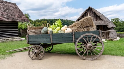 Obraz premium Vintage Wooden Cart Loaded with Fresh Vegetables and Hay Near Rustic Farmhouse Landscape