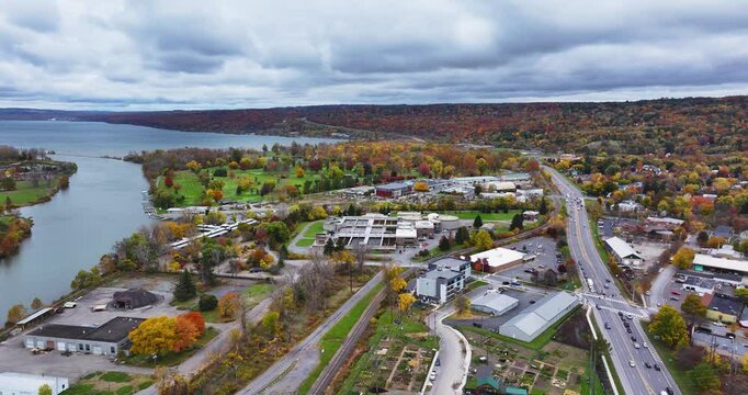 Ithaca, New York, USA - October 24, 2024: Afternoon aerial fall video of the area surrounding the City of Ithaca, NY,.