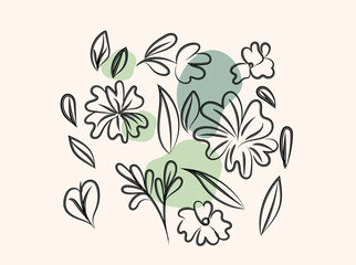 Abstract Floral Line Art Design with Pastel Green Shapes