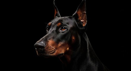 A close-up, dramatic profile view of a black Doberman Pinscher head and upper neck against a deep black background.