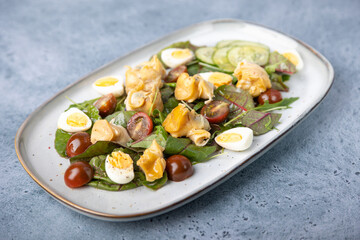Warm salad with rapan (snails), tomatoes, cucumbers, leafy vegetables, quail eggs and olive oil. Traditional seafood salad. Close-up, selective focus.