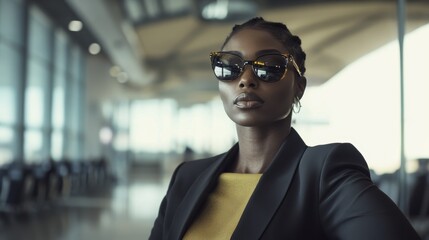 Obraz premium Elegant Black Woman Posing Confidently in Formal Business Attire and Sunglasses