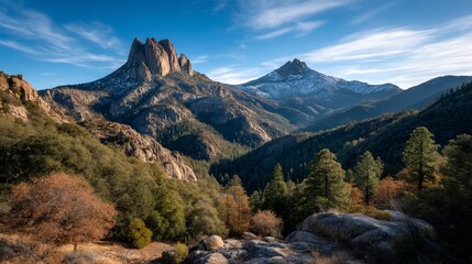Fototapeta premium Majestic mountain peaks rise above a lush, green valley under a clear blue sky