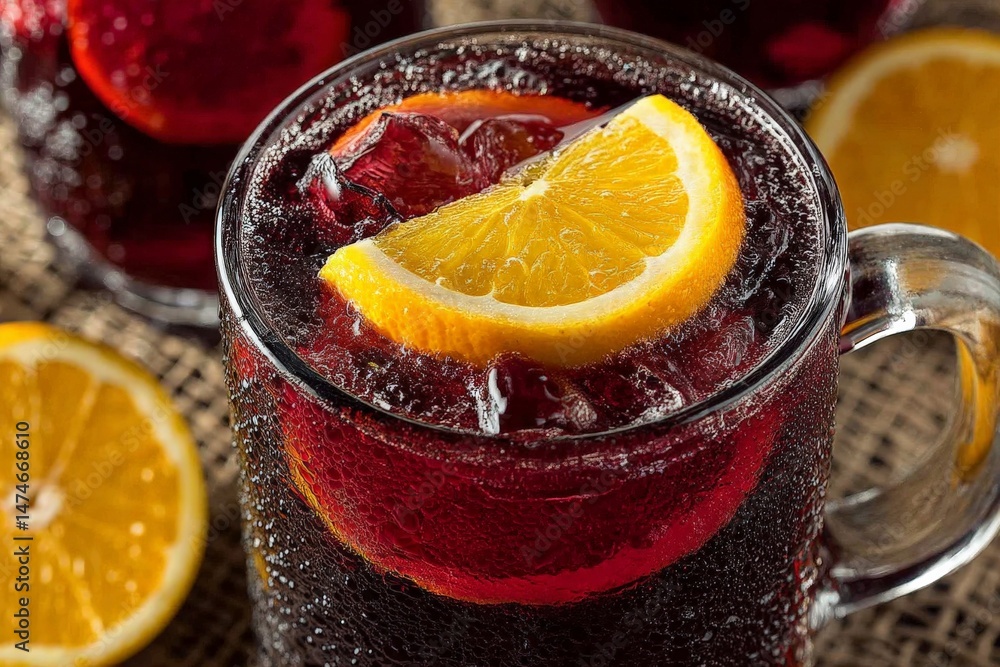 Poster Refreshing summer beverage with citrus and ice in a clear glass on a rustic table