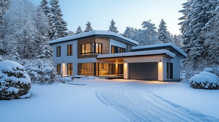 Modern house in winter with snow covered trees and driveway leading to the garage entrance view from front